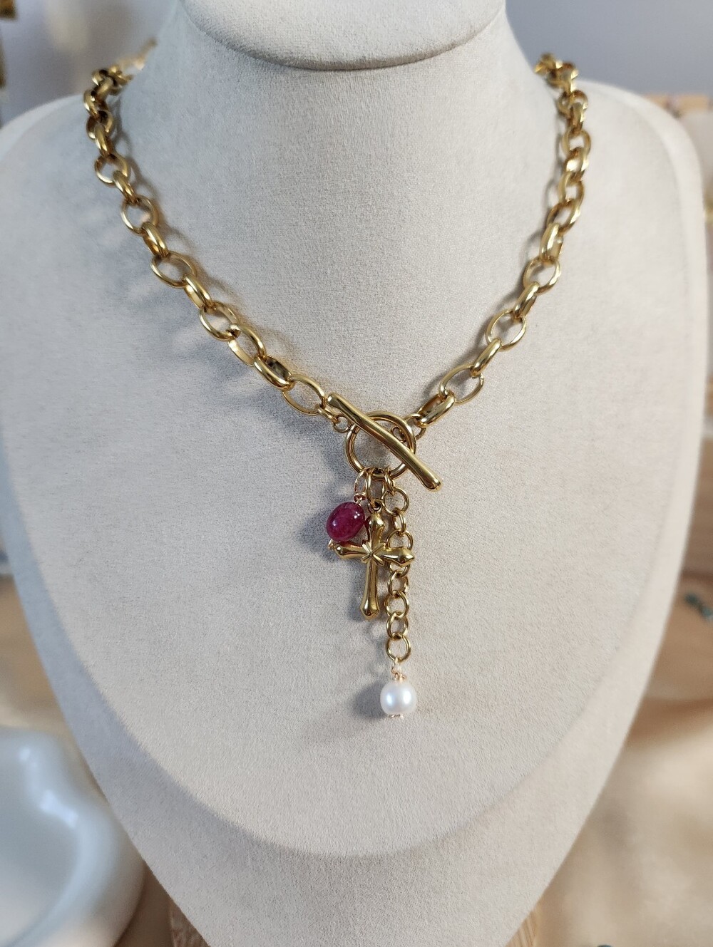 Handmade Cross Charm Toggle Necklace